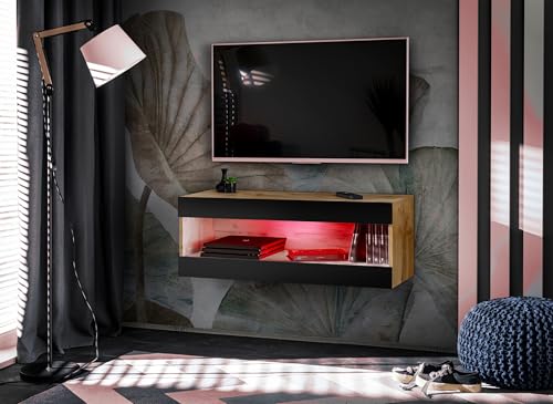 Komodee, TV-Schränk, Tivoli RTV2, Wotan/Schwarz, Breite 100cm x Höhe 36cm x Tiefe 35cm, LED RGB, für das Wohnzimmer, Schlafzimmer von Komodee