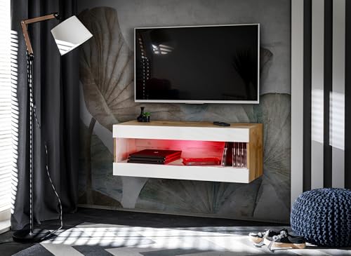 Komodee, TV-Schränk, Tivoli RTV2, Wotan/Weiß, Breite 100cm x Höhe 36cm x Tiefe 35cm, LED RGB, für das Wohnzimmer, Schlafzimmer von Komodee