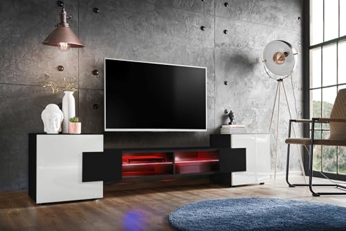 Komodee, TV-Schrank Merano, Schwarz/Weiß, Breite 230 cm, Höhe 52,5 cm, Tiefe 35 cm, LED RGB, 2 Glasböden, 2 Türen, 2 offenen Fächern für Wohnzimmer, Schlafzimmer von Komodee