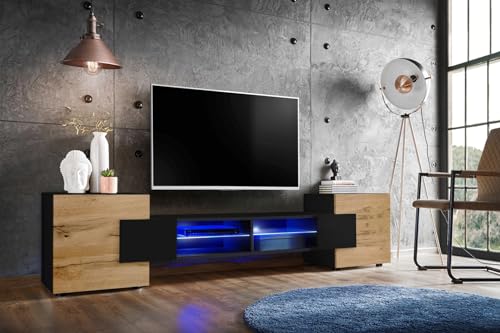 Komodee, TV-Schrank Merano, Schwarz/Wotan, Breite 230 cm, Höhe 52,5 cm, Tiefe 35 cm, LED Blau, 2 Glasböden, 2 Türen, 2 offenen Fächern für Wohnzimmer, Schlafzimmer von Komodee