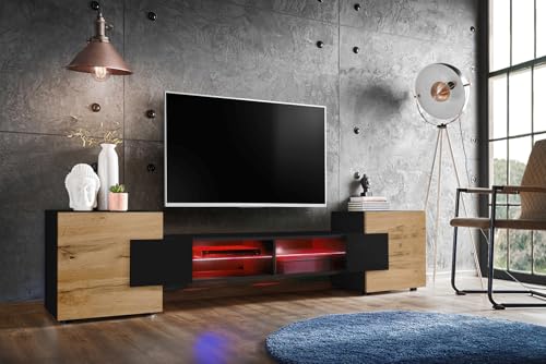 Komodee, TV-Schrank Merano, Schwarz/Wotan, Breite 230 cm, Höhe 52,5 cm, Tiefe 35 cm, LED RGB, 2 Glasböden, 2 Türen, 2 offenen Fächern für Wohnzimmer, Schlafzimmer von Komodee