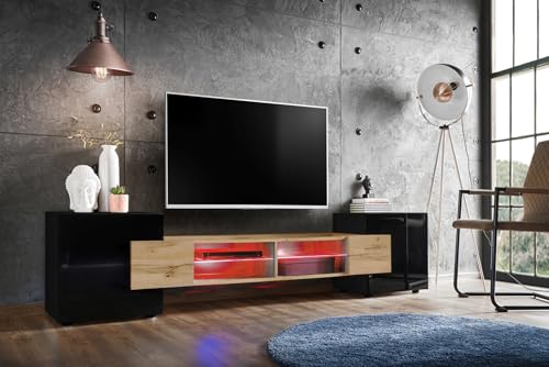 Komodee, TV-Schrank Merano, Schwarz/Wotan, Breite 230 cm, Höhe 52,5 cm, Tiefe 35 cm, LED RGB, 2 Glasböden, 2 Türen, 2 offenen Fächern für Wohnzimmer, Schlafzimmer von Komodee