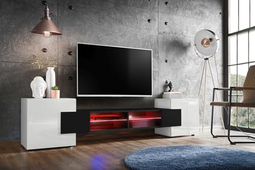 Komodee, TV-Schrank Merano, Weiß/Schwarz, Breite 230 cm, Höhe 52,5 cm, Tiefe 35 cm, LED RGB, 2 Glasböden, 2 Türen, 2 offenen Fächern für Wohnzimmer, Schlafzimmer von Komodee