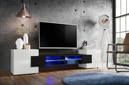 Komodee, TV-Schrank Merano, Weiß/Schwarz, Breite 230 cm, Höhe 52,5 cm, Tiefe 35 cm, ohne LED, 2 Glasböden, 2 Türen, 2 offenen Fächern für Wohnzimmer, Schlafzimmer von Komodee