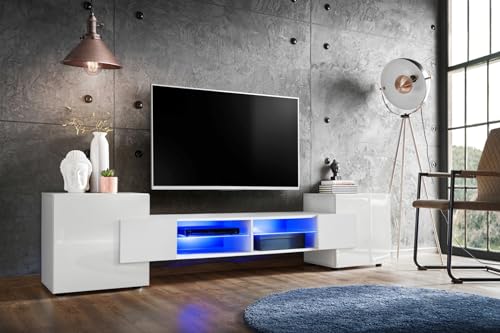 Komodee, TV-Schrank Merano, Weiß/Weiß, Breite 230 cm, Höhe 52,5 cm, Tiefe 35 cm, LED Blau, 2 Glasböden, 2 Türen, 2 offenen Fächern für Wohnzimmer, Schlafzimmer von Komodee