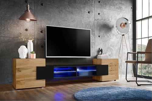 Komodee, TV-Schrank Merano, Wotan/Schwarz, Breite 230 cm, Höhe 52,5 cm, Tiefe 35 cm, LED Blau, 2 Glasböden, 2 Türen, 2 offenen Fächern für Wohnzimmer, Schlafzimmer von Komodee