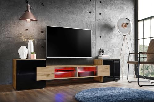 Komodee, TV-Schrank Merano, Wotan/Schwarz, Breite 230 cm, Höhe 52,5 cm, Tiefe 35 cm, LED RGB, 2 Glasböden, 2 Türen, 2 offenen Fächern für Wohnzimmer, Schlafzimmer von Komodee