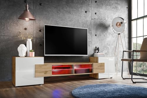 Komodee, TV-Schrank Merano, Wotan/Weiß, Breite 230 cm, Höhe 52,5 cm, Tiefe 35 cm, LED RGB, 2 Glasböden, 2 Türen, 2 offenen Fächern für Wohnzimmer, Schlafzimmer von Komodee