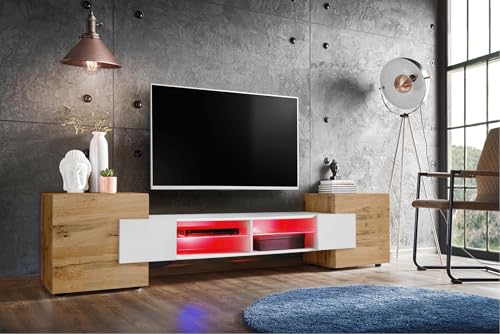 Komodee, TV-Schrank Merano, Wotan/Weiß, Breite 230 cm, Höhe 52,5 cm, Tiefe 35 cm, LED RGB, 2 Glasböden, 2 Türen, 2 offenen Fächern für Wohnzimmer, Schlafzimmer von Komodee