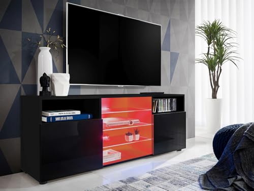 Komodee, TV-Schrank Urbino, Schwarz/Schwarz, Breite 140 cm x Höhe 53 cm x Tiefe 35 cm, LED RGB, 3 Glasböden, 2 Fächern mit Türen, 2 offenen Fächern für Wohnzimmer, Schlafzimmer von Komodee