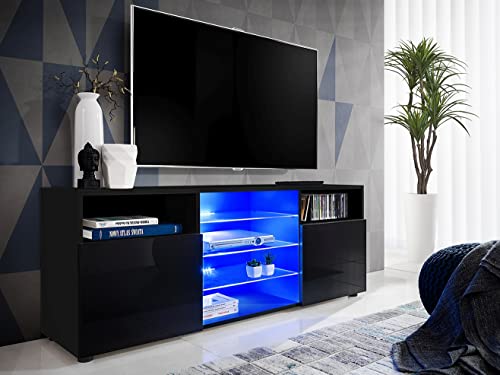 Komodee, TV-Schrank Urbino, Schwarz/Schwarz, Breite 140 cm x Höhe 53 cm x Tiefe 35 cm, ohne LED, 3 Glasböden, 2 Fächern mit Türen, 2 offenen Fächern für Wohnzimmer, Schlafzimmer von Komodee