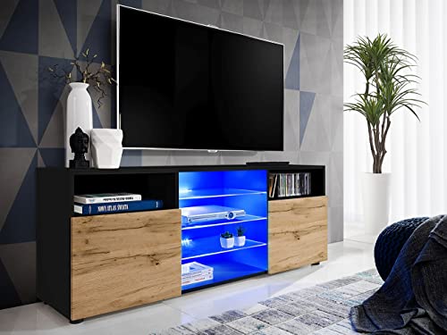 Komodee, TV-Schrank Urbino, Schwarz/Wotan, Breite 140 cm x Höhe 53 cm x Tiefe 35 cm, ohne LED, 3 Glasböden, 2 Fächern mit Türen, 2 offenen Fächern für Wohnzimmer, Schlafzimmer von Komodee