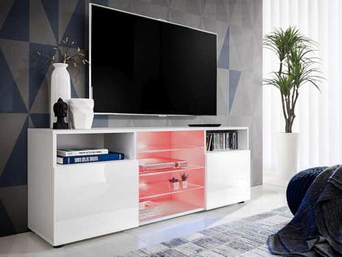 Komodee, TV-Schrank Urbino, Weiß/Weiß, Breite 140 cm x Höhe 53 cm x Tiefe 35 cm, LED RGB, 3 Glasböden, 2 Fächern mit Türen, 2 offenen Fächern für Wohnzimmer, Schlafzimmer von Komodee