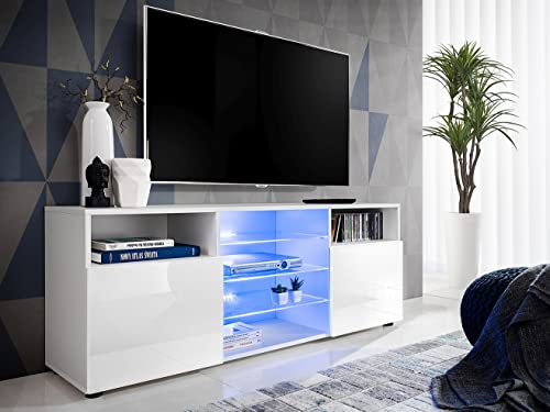 Komodee, TV-Schrank Urbino, Weiß/Weiß, Breite 140 cm x Höhe 53 cm x Tiefe 35 cm, ohne LED, 3 Glasböden, 2 Fächern mit Türen, 2 offenen Fächern für Wohnzimmer, Schlafzimmer von Komodee