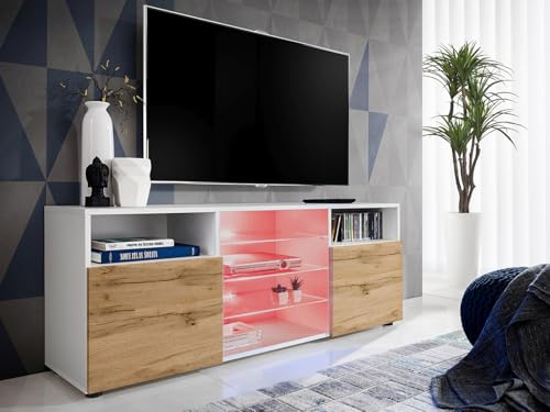 Komodee, TV-Schrank Urbino, Weiß/Wotan, Breite 140 cm x Höhe 53 cm x Tiefe 35 cm, LED RGB, 3 Glasböden, 2 Fächern mit Türen, 2 offenen Fächern für Wohnzimmer, Schlafzimmer von Komodee