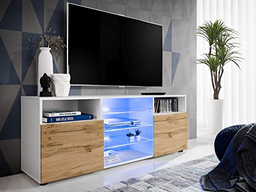 Komodee, TV-Schrank Urbino, Weiß/Wotan, Breite 140 cm x Höhe 53 cm x Tiefe 35 cm, ohne LED, 3 Glasböden, 2 Fächern mit Türen, 2 offenen Fächern für Wohnzimmer, Schlafzimmer von Komodee