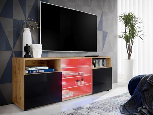Komodee, TV-Schrank Urbino, Wotan/Schwarz, Breite 140 cm x Höhe 53 cm x Tiefe 35 cm, LED RGB, 3 Glasböden, 2 Fächern mit Türen, 2 offenen Fächern für Wohnzimmer, Schlafzimmer von Komodee