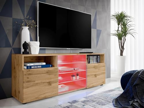 Komodee, TV-Schrank Urbino, Wotan/Wotan, Breite 140 cm x Höhe 53 cm x Tiefe 35 cm, LED RGB, 3 Glasböden, 2 Fächern mit Türen, 2 offenen Fächern für Wohnzimmer, Schlafzimmer von Komodee