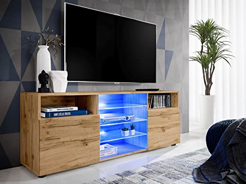 Komodee, TV-Schrank Urbino, Wotan/Wotan, Breite 140 cm x Höhe 53 cm x Tiefe 35 cm, ohne LED, 3 Glasböden, 2 Fächern mit Türen, 2 offenen Fächern für Wohnzimmer, Schlafzimmer von Komodee