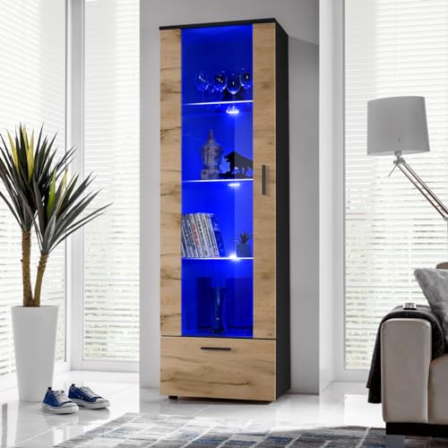 Komodee, Vitrine Schrank Alessandria, Schwarz/Wotan, Breite 60cm x Höhe 192cm x Tiefe 42cm, LED Blau, 3 Glasböden, 1 Regal aus laminierter Platte, für Wohnzimmer, Schlafzimmer von Komodee