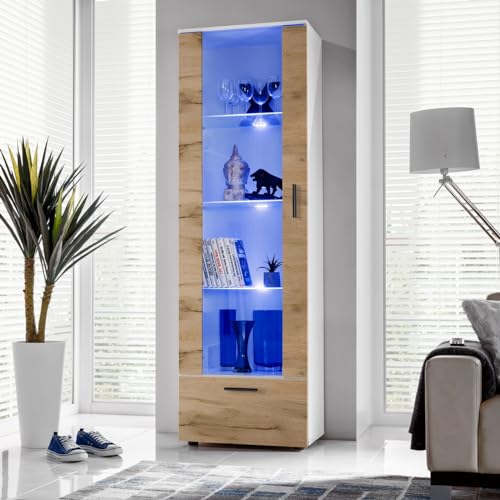 Komodee, Vitrine Schrank Alessandria, Weiß/Wotan, Breite 60cm x Höhe 192cm x Tiefe 42cm, LED Blau, 3 Glasböden, 1 Regal aus laminierter Platte, für Wohnzimmer, Schlafzimmer von Komodee