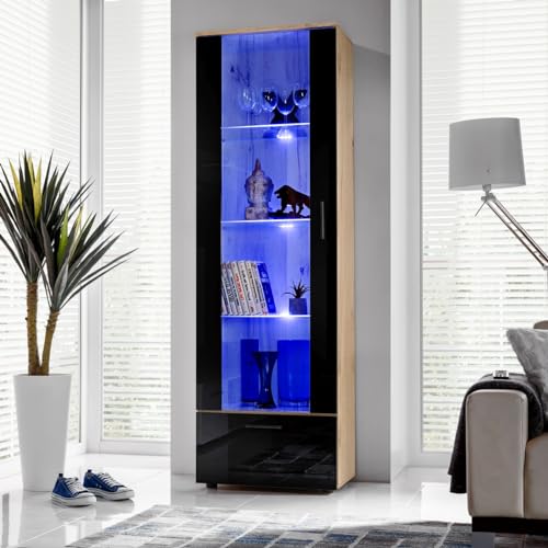 Komodee, Vitrine Schrank Alessandria, Wotan/Schwarz, Breite 60cm x Höhe 192cm x Tiefe 42cm, LED Blau, 3 Glasböden, 1 Regal aus laminierter Platte, für Wohnzimmer, Schlafzimmer von Komodee