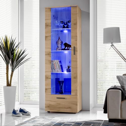 Komodee, Vitrine Schrank Alessandria, Wotan/Wotan, Breite 60cm x Höhe 192cm x Tiefe 42cm, LED Blau, 3 Glasböden, 1 Regal aus laminierter Platte, für Wohnzimmer, Schlafzimmer von Komodee