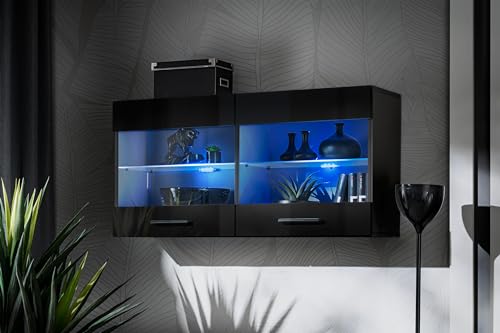 Komodee, Vitrine Schrank Savona, Schwarz/Schwarz, Breite 100cm x Höhe 50cm x Tiefe 30cm, Blaue LEDs, 2 Glasböden, 2 Türen, für Wohnzimmer, Küche von Komodee