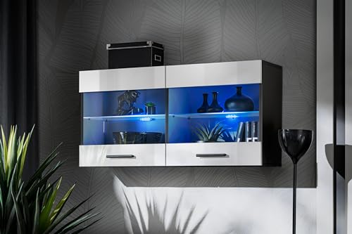 Komodee, Vitrine Schrank Savona, Weiß/Schwarz, Breite 100cm x Höhe 50cm x Tiefe 30cm, Blaue LEDs, 2 Glasböden, 2 Türen, für Wohnzimmer, Küche von Komodee