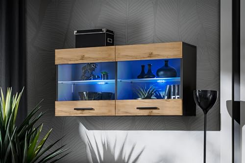 Komodee, Vitrine Schrank Savona, Wotan/Schwarz, Breite 100cm x Höhe 50cm x Tiefe 30cm, Blaue LEDs, 2 Glasböden, 2 Türen, für Wohnzimmer, Küche von Komodee