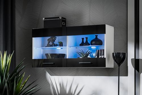 Komodee, Vitrine Schrank Savona, Schwarz/Weiß, Breite 100cm x Höhe 50cm x Tiefe 30cm, Blaue LEDs, 2 Glasböden, 2 Türen, für Wohnzimmer, Küche von Komodee