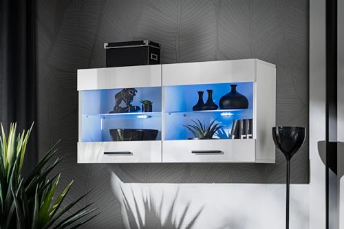 Komodee, Vitrine Schrank Savona, Weiß/Weiß, Breite 100cm x Höhe 50cm x Tiefe 30cm, ohne LED, 2 Glasböden, 2 Türen, für Wohnzimmer, Küche von Komodee