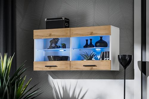 Komodee, Vitrine Schrank Savona, Wotan/Weiß, Breite 100cm x Höhe 50cm x Tiefe 30cm, ohne LED, 2 Glasböden, 2 Türen, für Wohnzimmer, Küche von Komodee