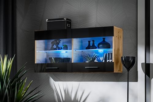 Komodee, Vitrine Schrank Savona, Schwarz/Wotan, Breite 100cm x Höhe 50cm x Tiefe 30cm, Blaue LEDs, 2 Glasböden, 2 Türen, für Wohnzimmer, Küche von Komodee