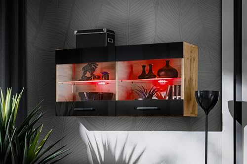 Komodee, Vitrine Schrank Savona, Schwarz/Wotan, Breite 100cm x Höhe 50cm x Tiefe 30cm, LED RGB, 2 Glasböden, 2 Türen, für Wohnzimmer, Küche von Komodee