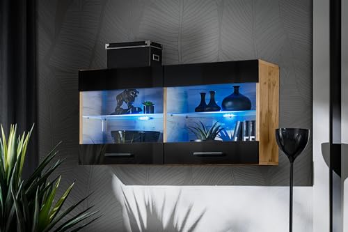 Komodee, Vitrine Schrank Savona, Schwarz/Wotan, Breite 100cm x Höhe 50cm x Tiefe 30cm, ohne LED, 2 Glasböden, 2 Türen, für Wohnzimmer, Küche von Komodee