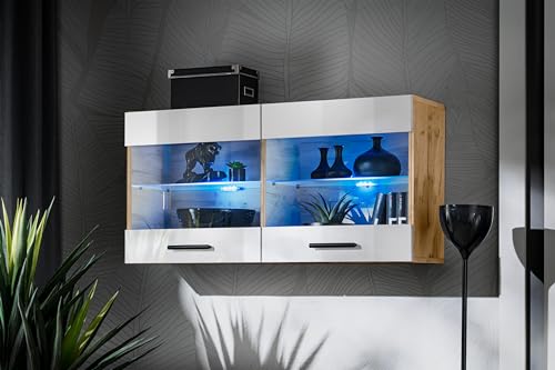 Komodee, Vitrine Schrank Savona, Weiß/Wotan, Breite 100cm x Höhe 50cm x Tiefe 30cm, ohne LED, 2 Glasböden, 2 Türen, für Wohnzimmer, Küche von Komodee