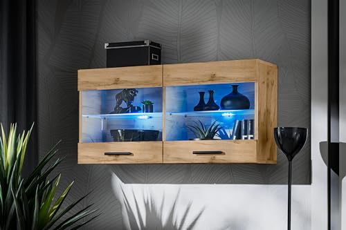 Komodee, Vitrine Schrank Savona, Wotan/Wotan, Breite 100cm x Höhe 50cm x Tiefe 30cm, Blaue LEDs, 2 Glasböden, 2 Türen, für Wohnzimmer, Küche von Komodee