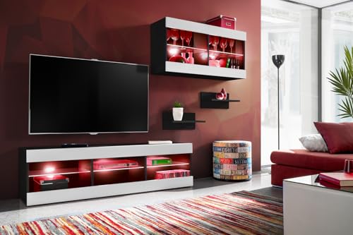 Komodee, Wohnwand, Tivoli SET3, Schwarz/Weiß, Breite 240cm x Höhe 159cm x Tiefe 35cm, LED RGB, für das Wohnzimmer, Schlafzimmer von Komodee