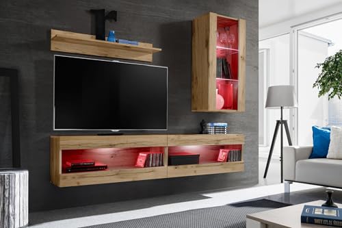 Komodee, Wohnwand, Tivoli SET5, Wotan/Wotan, Breite 200cm x Höhe 195cm x Tiefe 35cm, LED RGB, für das Wohnzimmer, Schlafzimmer Komodee, Wohnwand, Tivoli SET5, Wotan/Wotan, Breite 200cm x Höhe 195cm x Tiefe 35cm, LED RGB, für das Wohnzimmer, Schlafzimmer von Komodee