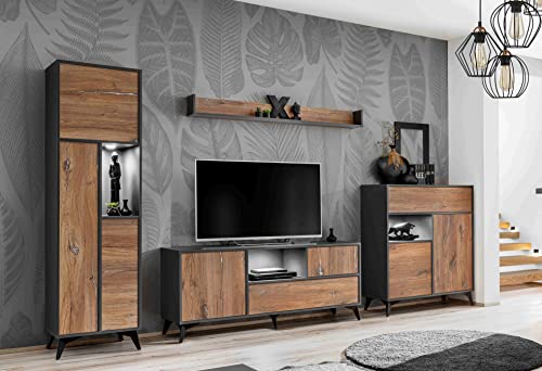 Komodee, Wohnwand Wohnzimmerset Orvieto RTV, Eiche/Antrazit, Breite 350cm x Höhe 187cm x Tiefe 40cm, LED, für Wohnzimmer, Schlafzimmer von Komodee