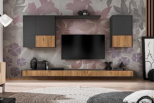 Komodee, Wohnwand Wohnzimmerset RTV Imola Grande, Anthrazit Matt/Eiche bijoux, Breite 285 cm x Höhe 200cm x Tiefe 42cm, für Wohnzimmer, Schlafzimmer, Heimbüro von Komodee