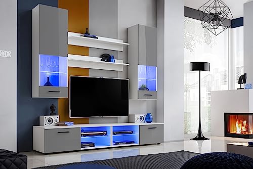 Komodee, Wohnwand Wohnzimmerset RTV Varallo, Grau Hochglanz/Weiß Matt, Breite 200cm x Höhe 195cm x Tiefe 45cm, Ohne LEDs, für Wohnzimmer, Schlafzimmer von Komodee