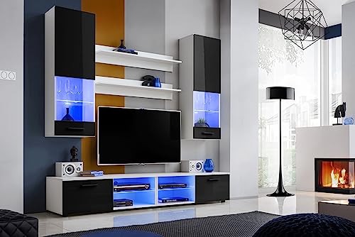 Komodee, Wohnwand Wohnzimmerset RTV Varallo, Schwarz Hochglanz/Weiß Matt, Breite 200cm x Höhe 195cm x Tiefe 45cm, LED Blau, für Wohnzimmer, Schlafzimmer von Komodee