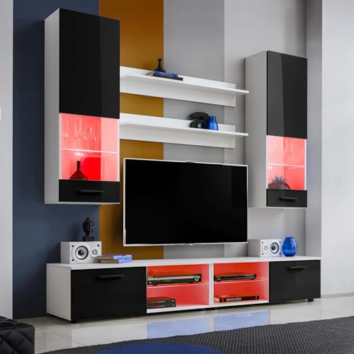 Komodee, Wohnwand Wohnzimmerset RTV Varallo, Schwarz Hochglanz/Weiß Matt, Breite 200cm x Höhe 195cm x Tiefe 45cm, LED RGB, für Wohnzimmer, Schlafzimmer von Komodee