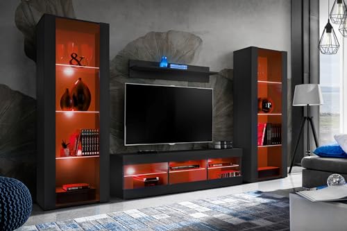 Komodee Wohnwand Wohnzimmerset Tivoli Grande, Schwarz/Schwarz, Breite 250cm x Höhe 159cm x Tiefe 35cm, LED RGB, für Wohnzimmer, Schlafzimmer von Komodee