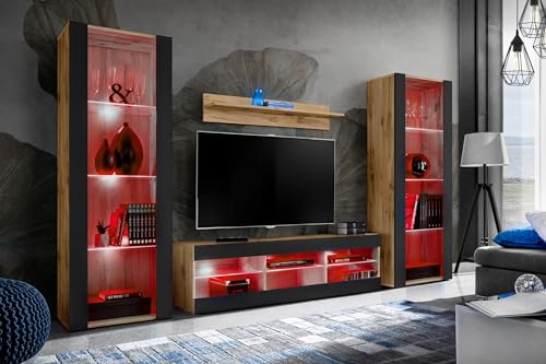 Komodee Wohnwand Wohnzimmerset Tivoli Grande, Schwarz/Wotan, Breite 250cm x Höhe 159cm x Tiefe 35cm, LED RGB, für Wohnzimmer, Schlafzimmer von Komodee