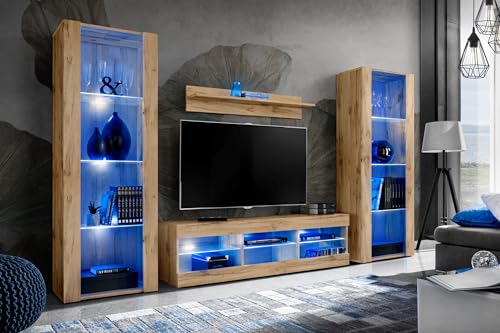 Komodee Wohnwand Wohnzimmerset Tivoli Grande, Wotan/Wotan, Breite 250cm x Höhe 159cm x Tiefe 35cm, LED Blau, für Wohnzimmer, Schlafzimmer von Komodee
