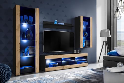 Komodee Wohnwand Wohnzimmerset Tivoli Medio, Wotan/Schwarz, Breite 245cm x Höhe 159cm x Tiefe 35cm, LED Blau, für Wohnzimmer, Schlafzimmer von Komodee