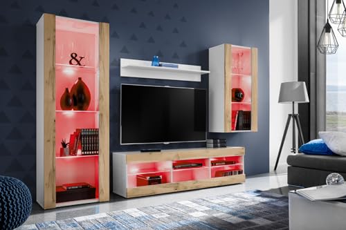 Komodee Wohnwand Wohnzimmerset Tivoli Medio, Wotan/Weiß, Breite 245cm x Höhe 159cm x Tiefe 35cm, LED RGB, für Wohnzimmer, Schlafzimmer von Komodee